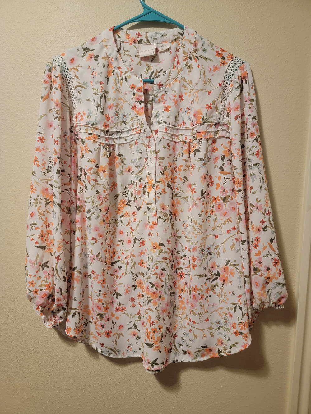 Zac & Rachel White Floral Pintuck Blouse with Peach and Green Accents